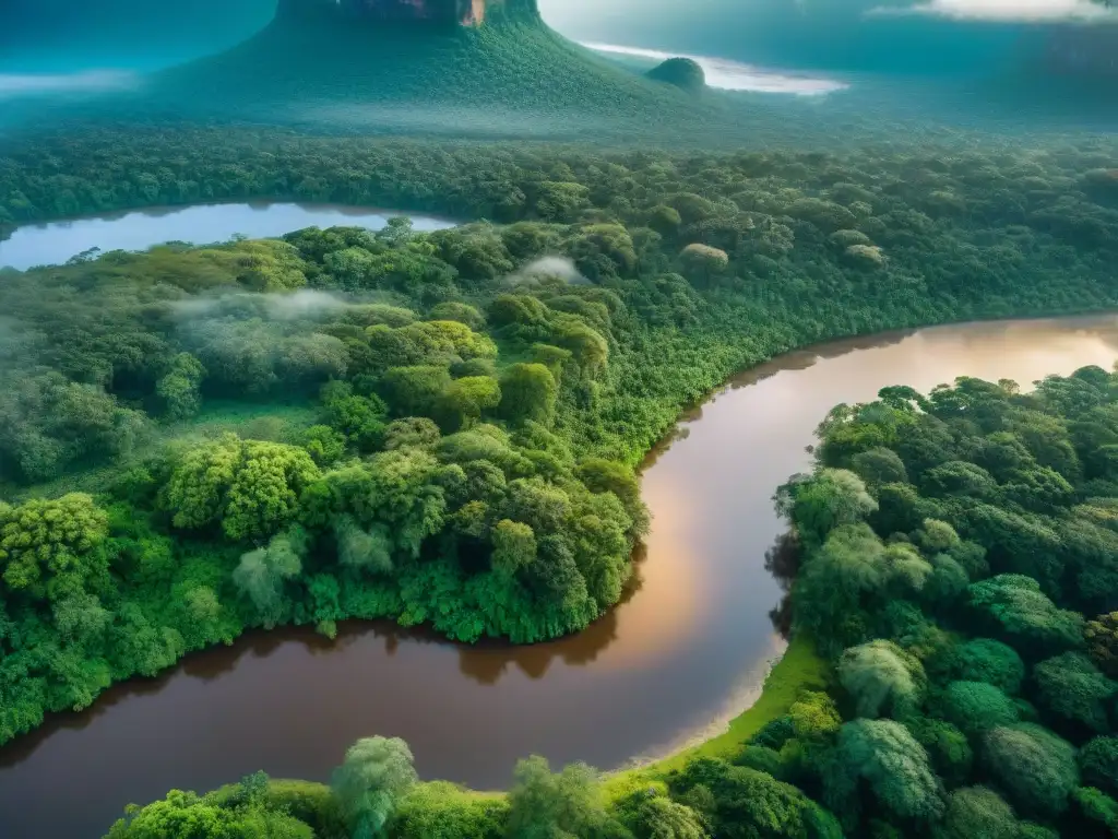 Río Orinoco: belleza y biodiversidad venezolana Un retrato detallado del majestuoso río Orinoco en Venezuela, con aves tropicales coloridas, exuberante vegetación y su reflejo del cielo