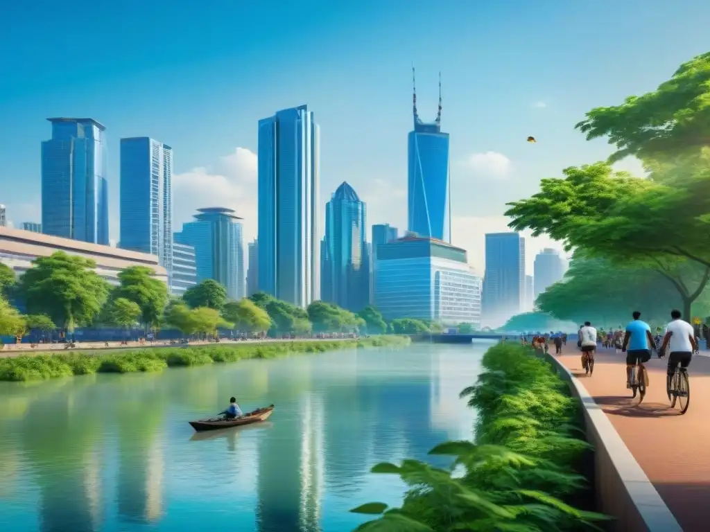 Río urbano revitalizado: naturaleza y modernidad en armonía Revitalización de ríos urbanos: río bullicioso con aguas azules y vida acuática, rodeado de naturaleza y rascacielos modernos