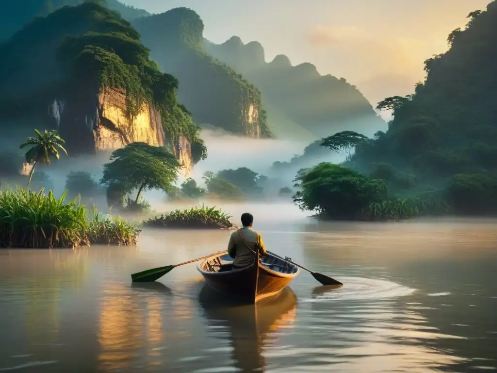 Barca de madera navegando al amanecer en el río Mekong Expedición por rincones ocultos Mekong: barca tradicional navegando al amanecer en aguas serenas