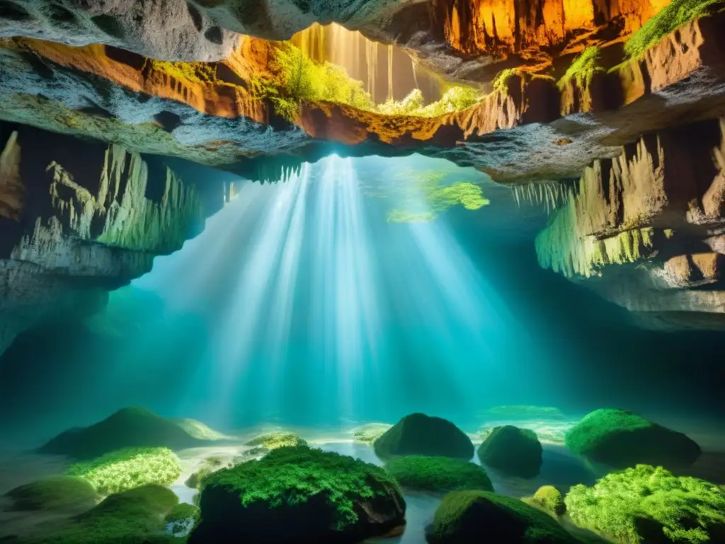 Un río subterráneo ancestral, influencia presente: luz suave ilumina cristalinas aguas entre formaciones de piedra cubiertas de musgo