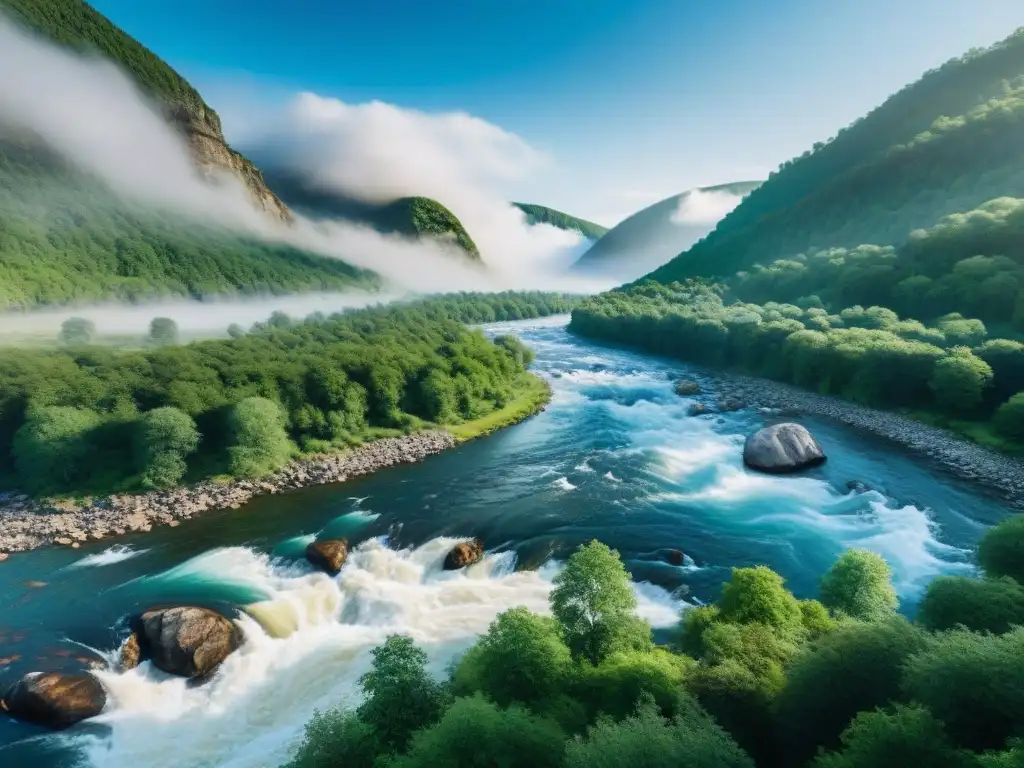 Contraste de ríos: poder y serenidad en la naturaleza Un río caótico y otro sereno se entrelazan en una imagen documental, representaciones ríos caos calma
