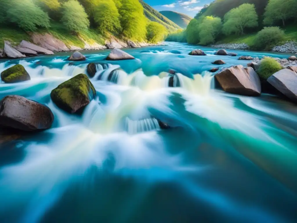 Río en movimiento: belleza y poder en acción Un río caudaloso capturado con una larga exposición, mostrando su movimiento fluido y la belleza de la naturaleza