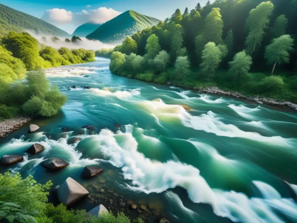 Río caudaloso en bosque verde: belleza salvaje Un río caudaloso capturando la velocidad en un bosque verde y exuberante