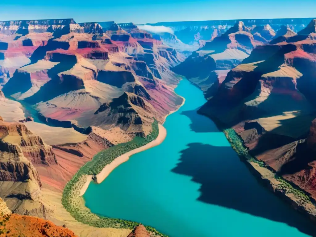 Espectacular vista del Gran Cañón y el río Colorado Río Colorado serpenteando entre paredes rocosas del Gran Cañón, creando un contraste impactante de colores y reflejando aventuras extremas