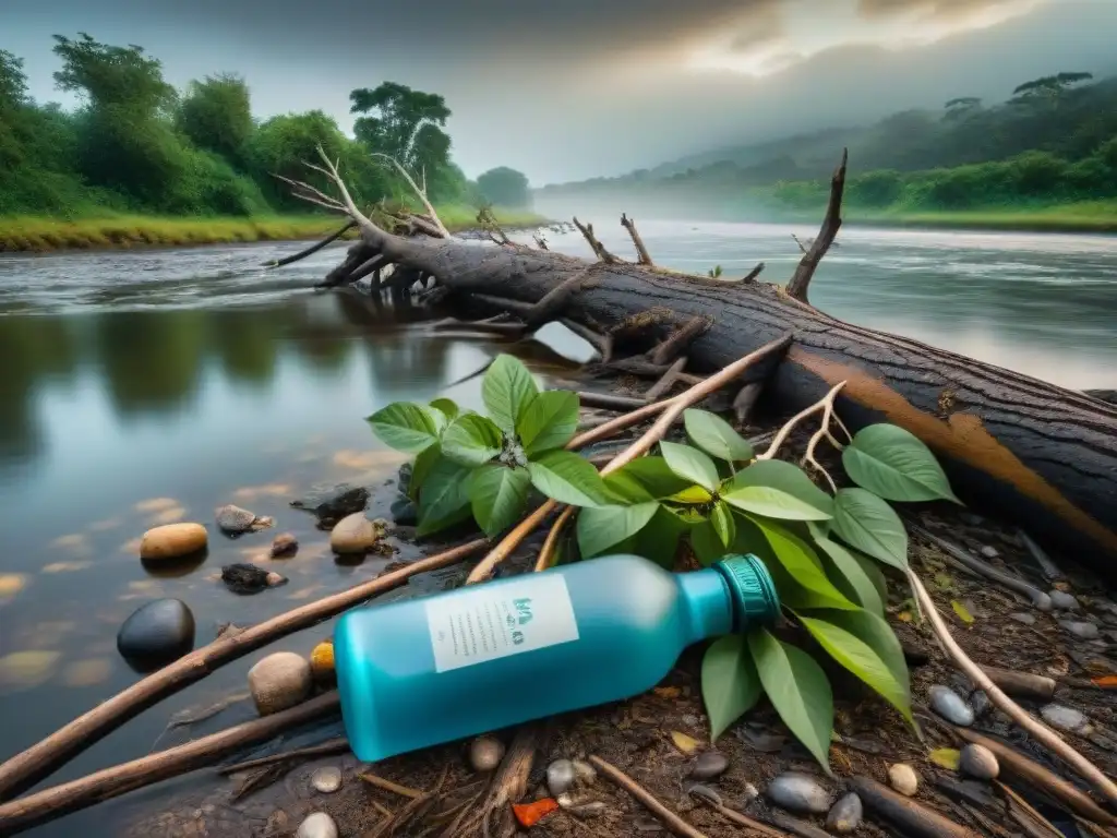 Desolación ambiental en río: basura entre ramas muertas Un río contaminado con desechos plásticos, neumáticos y basura entre ramas secas