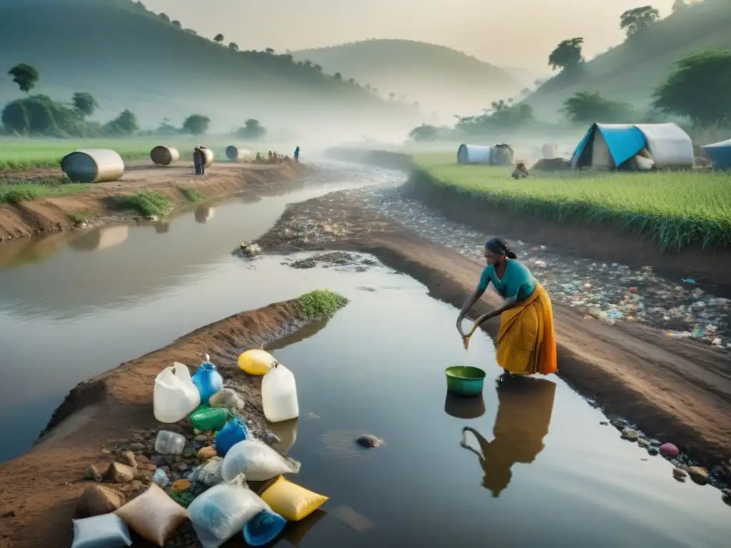 Realidad impactante: Escasez de agua y contaminación en comunidad rural Un río contaminado fluye por una zona rural con basura flotando y reflejando la pobreza