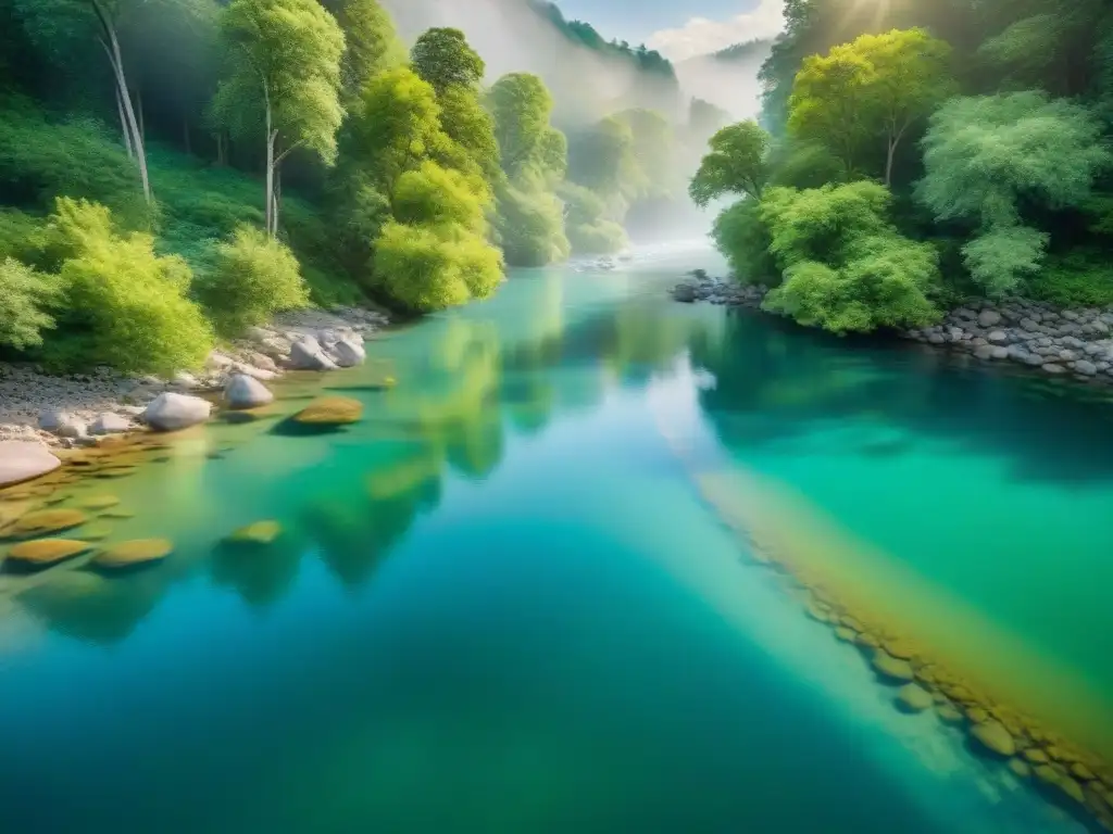 Río cristalino en el bosque: belleza serena y pura Un río cristalino serpentea por un bosque exuberante, reflejando su verdor en el agua