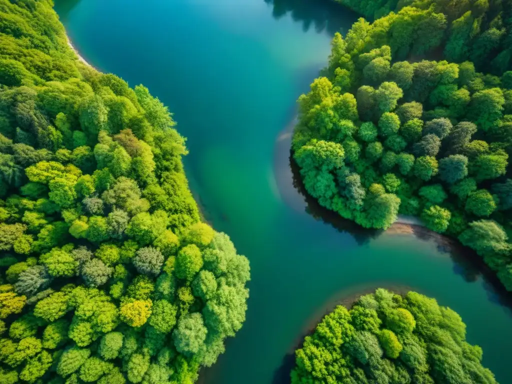 Río cristalino: belleza pura en la naturaleza Un río cristalino serpenteando en un bosque verde, reflejando la luz del sol en el agua, mostrando la pureza de uno de los ríos más limpios del mundo