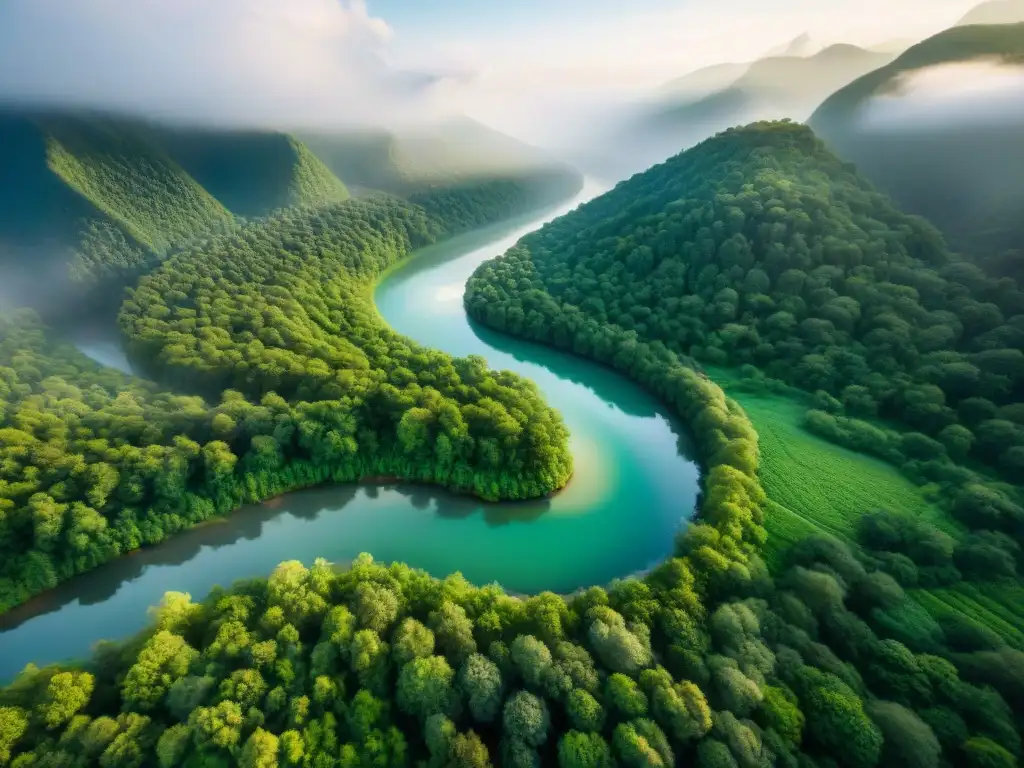 Río cristalino: belleza pura y serena Un río cristalino serpenteando entre bosques verdes, reflejando la luz del sol con claridad