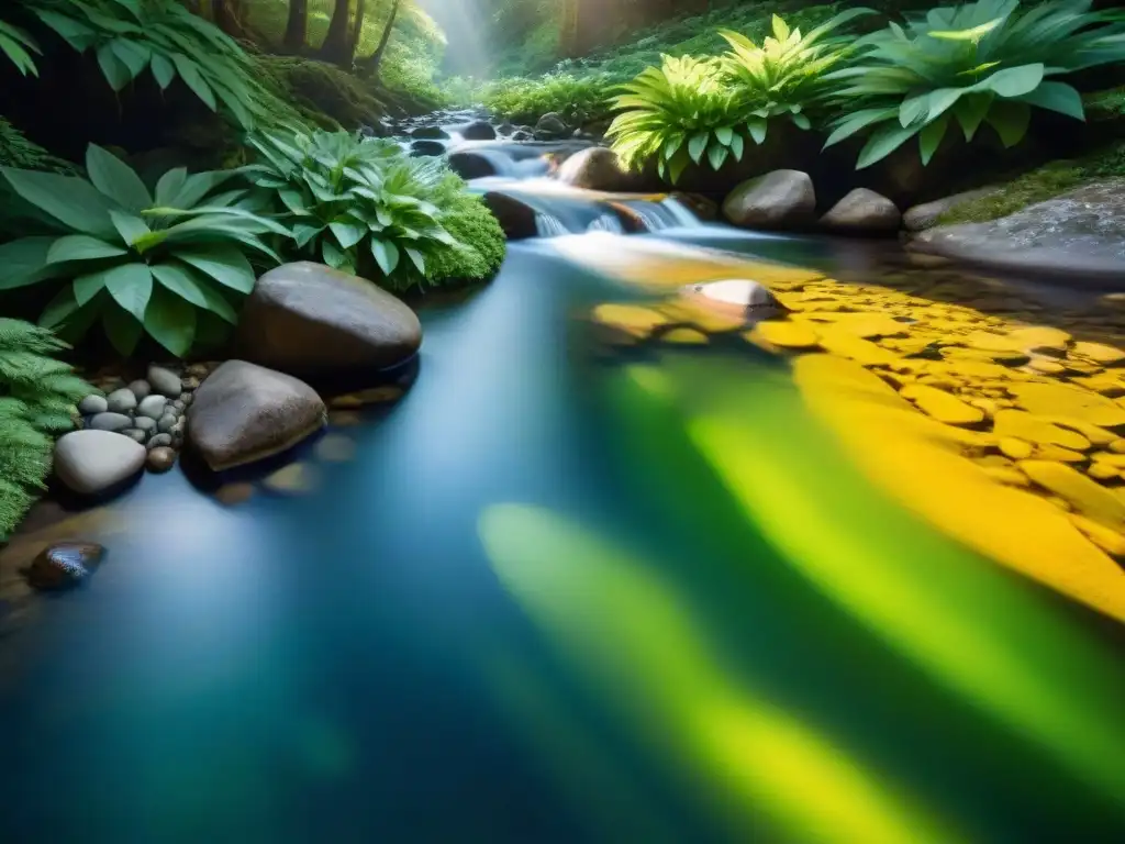 Arroyo de montaña cristalino en bosque exuberante Un río de montaña cristalino fluye entre un frondoso bosque verde, mostrando la purificación de agua en ríos