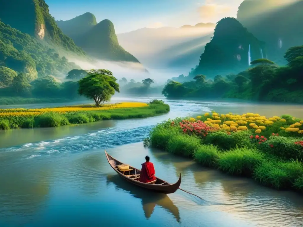 Río cultural: belleza y tradición en alta definición Un río cultural fluye majestuoso, rodeado de exuberante vegetación y flores vibrantes