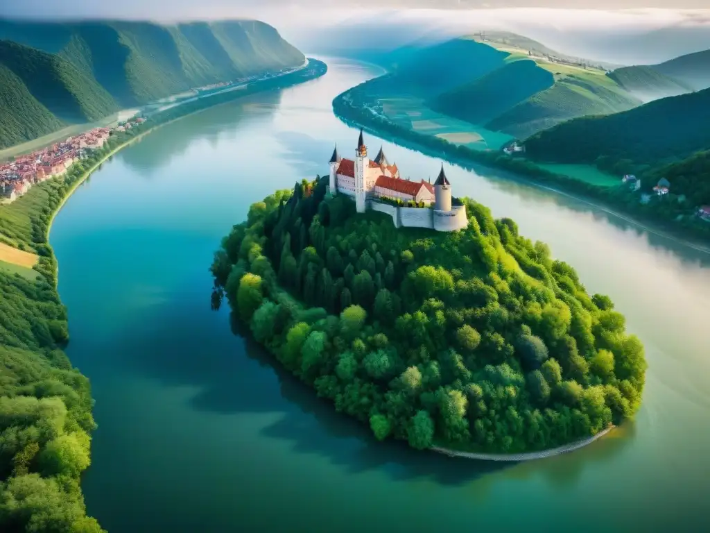 Río Danubio: Majestuosos castillos y paisajes europeos en alta resolución El río Danubio serpentea por el pintoresco campo europeo, con castillos antiguos y bosques verdes reflejados en sus aguas tranquilas