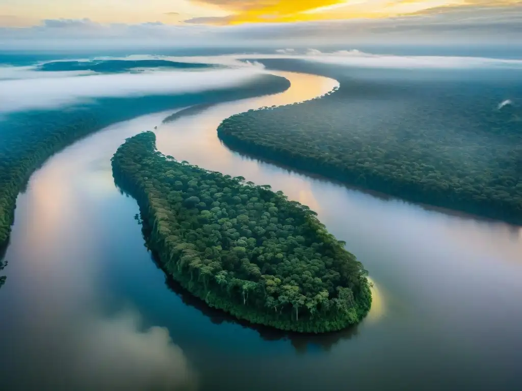 Río emblemático en el cine: majestuoso amanecer en el Amazonas, con selva verde y botes en la distancia, envuelto en neblina