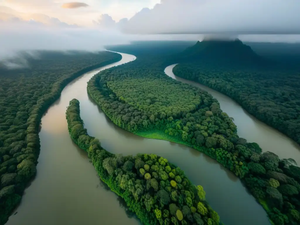 Amazonas: río vital para comunidades indígenas Un río emblemático que serpentea entre exuberantes bosques verdes, con pequeñas embarcaciones y comunidades indígenas en sus orillas, mostrando la importancia cultural y vital de los ríos emblemáticos en el mundo