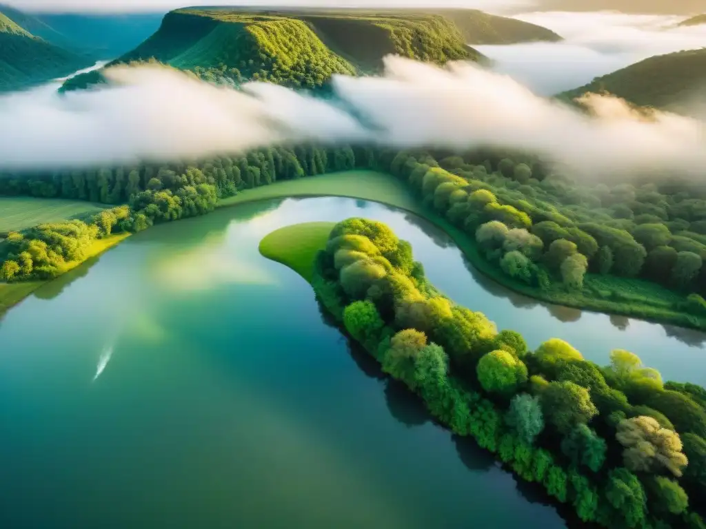 Río majestuoso: belleza natural y serenidad Un río emblemático serpenteando entre exuberantes bosques verdes, bañado por la luz dorada del sol