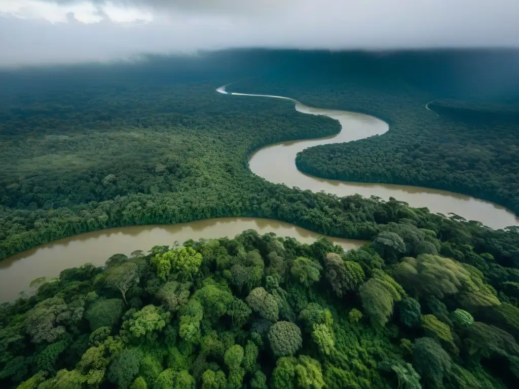 Amazonas: majestuoso río entre selva exuberante Un río emblemático del mundo, la majestuosa Amazonía serpentea entre exuberantes selvas verdes, mostrando su inmensidad y belleza natural