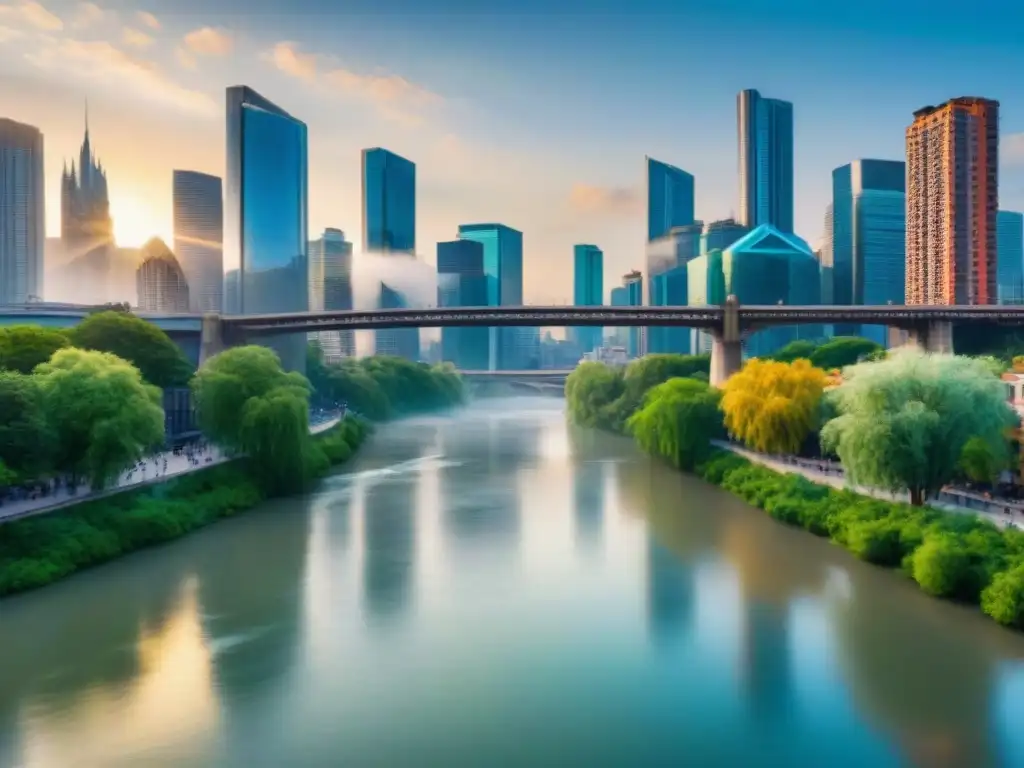 Río vibrante: armonía entre naturaleza y ciudad Río emblemático del mundo serpenteando entre rascacielos y puentes urbanos, fusionando naturaleza y ciudad