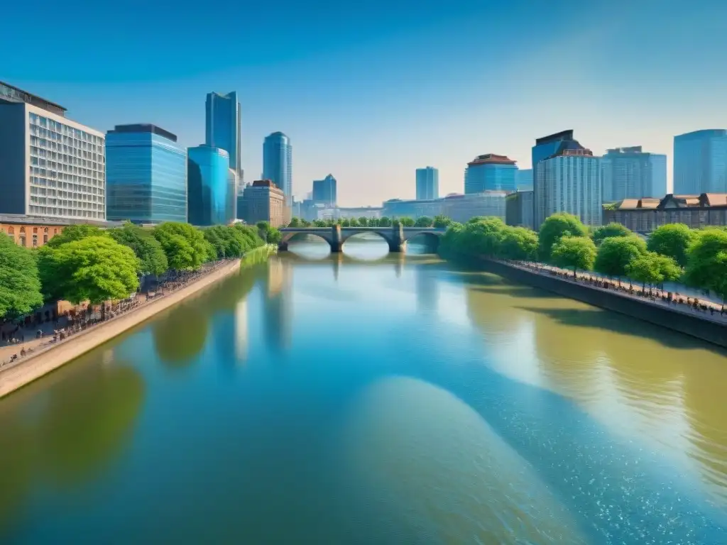 Río sereno en la ciudad: Naturaleza y desarrollo urbano en armonía Un río emblemático del mundo fluye sereno en una ciudad bulliciosa