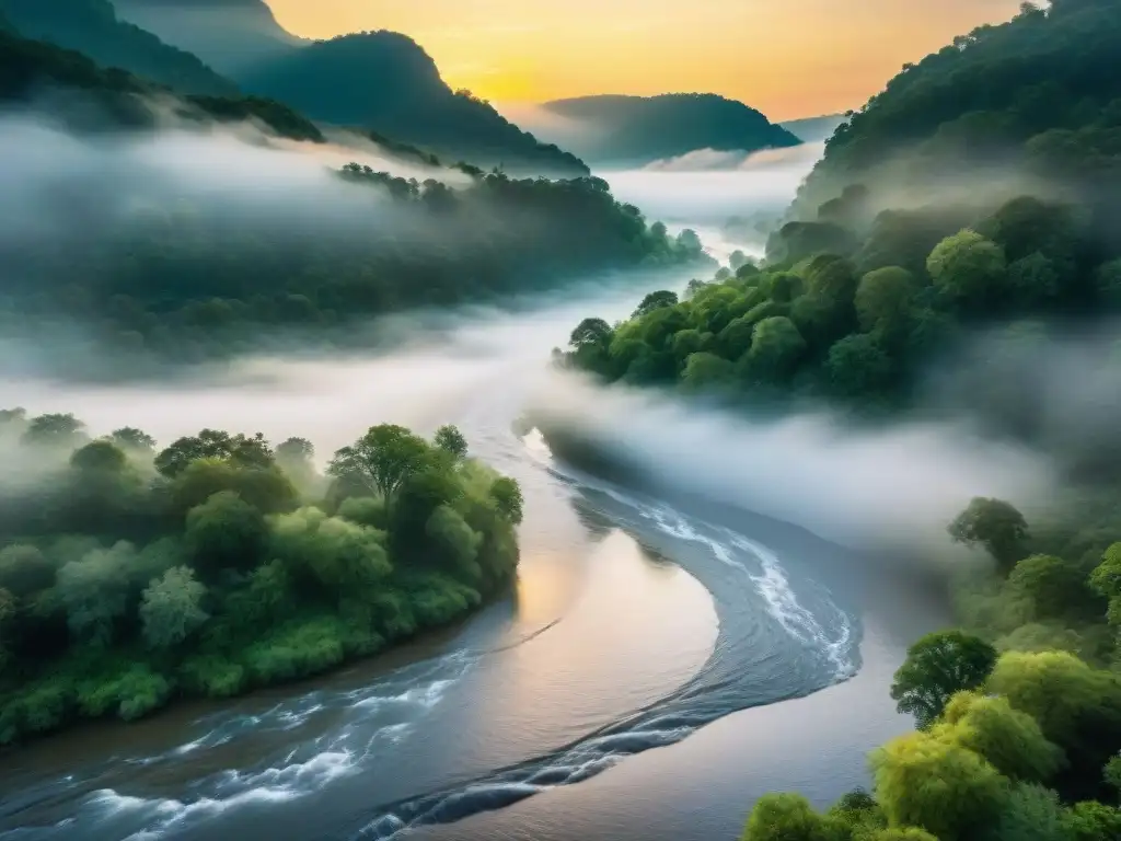 Río místico entre bosque al amanecer: belleza legendaria Un río envuelto en niebla serpentea entre un bosque frondoso al amanecer, evocando la mística belleza de la Mitología de los ríos legendarios