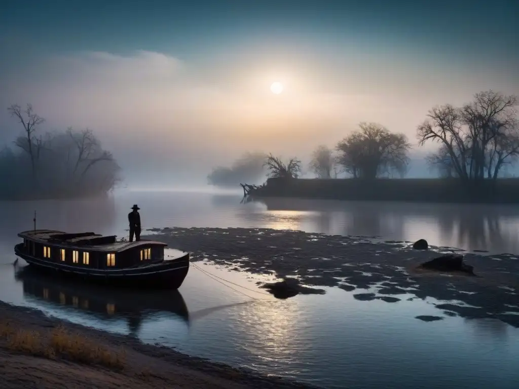 Reflejos de luna en el Mississippi: misterio y leyendas El río Mississippi envuelto en niebla, reflejando la luz de la luna sobre aguas oscuras, con la silueta de un antiguo barco abandonado apenas visible