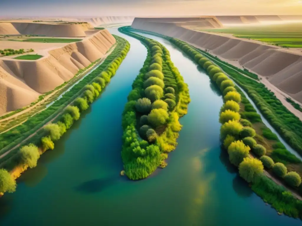 El Eúfrates: Historia y belleza natural El río Éufrates serpentea entre la exuberante vegetación y el desierto, iluminado por el cálido atardecer