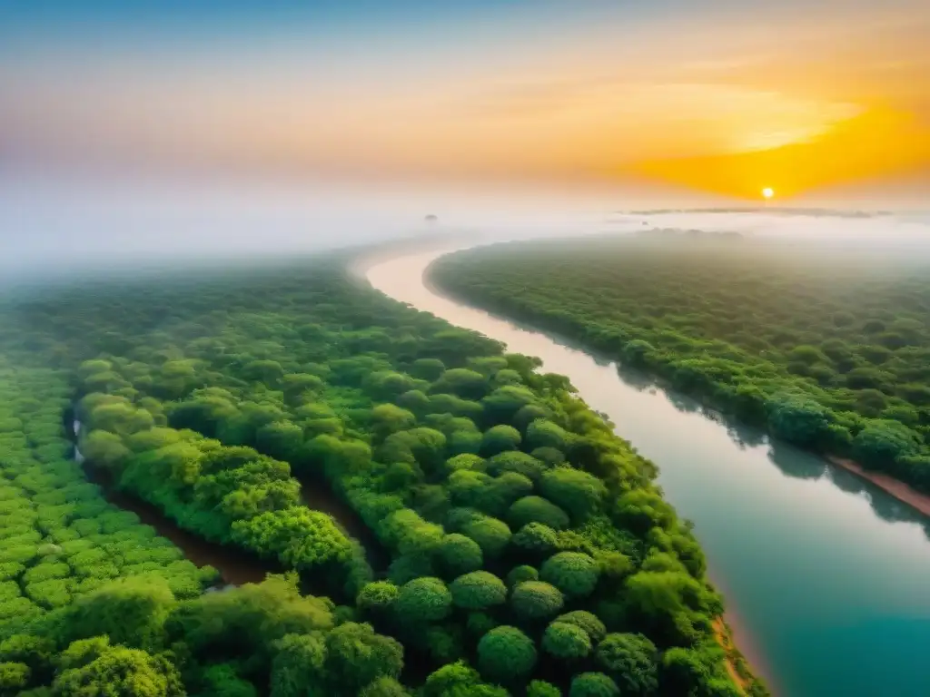 El río Níger serpentea entre exuberante vegetación africana, con pequeñas embarcaciones y un atardecer dorado