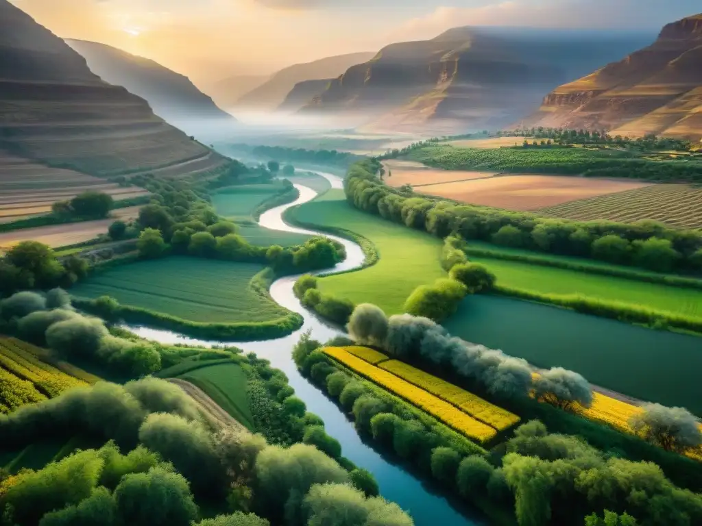 El río Jordán serpentea entre vegetación exuberante al atardecer, reflejando montañas y cultura