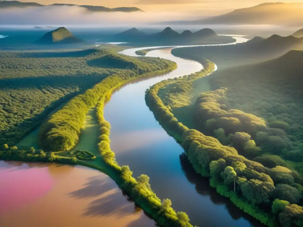 El río Paraná serpentea entre frondosos bosques, iluminado por un atardecer anaranjado y rosa