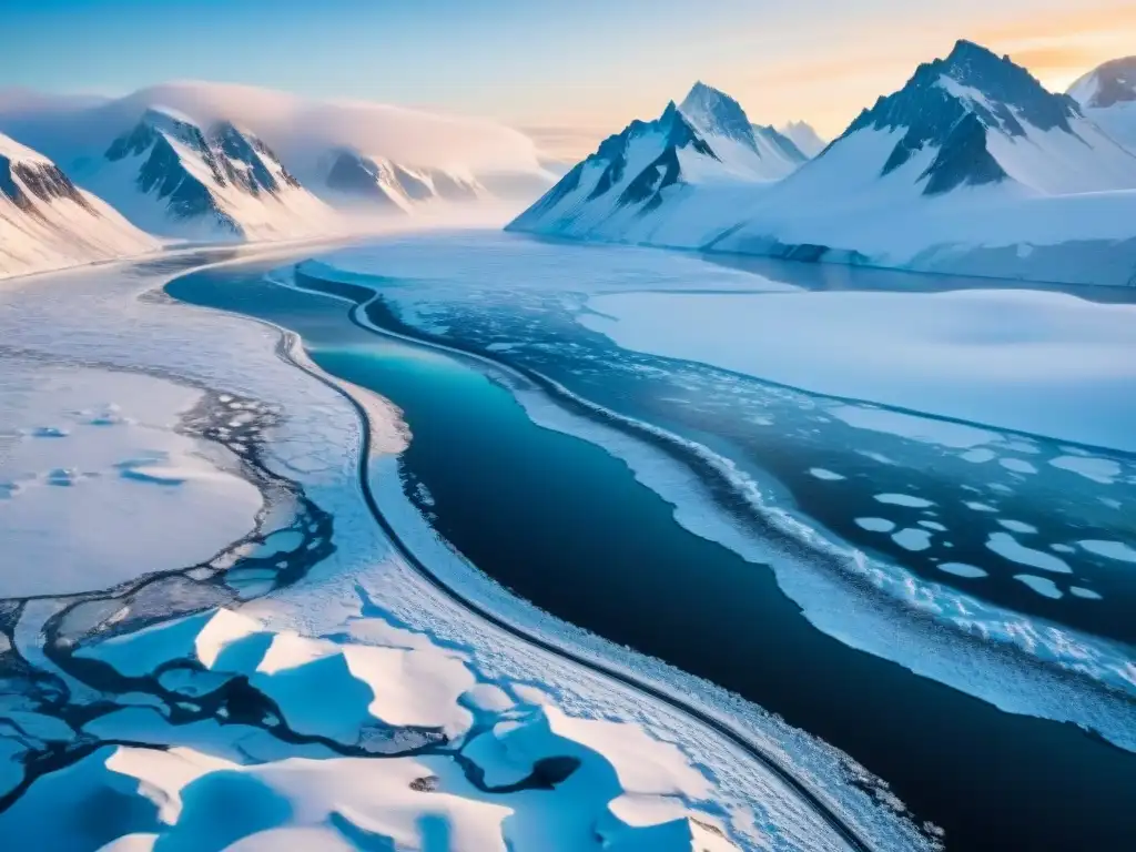 Río Pechora: Belleza helada del Ártico ruso Un río helado serpenteando en el remoto Ártico ruso, con montañas nevadas y un cielo dramático