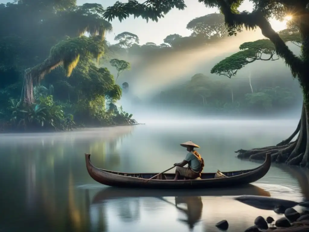Río Amazónico místico al amanecer: conexión atemporal Fotografía histórica de un río legendario amazónico al amanecer, rodeado de árboles imponentes y una canoa tradicional deslizándose en silencio