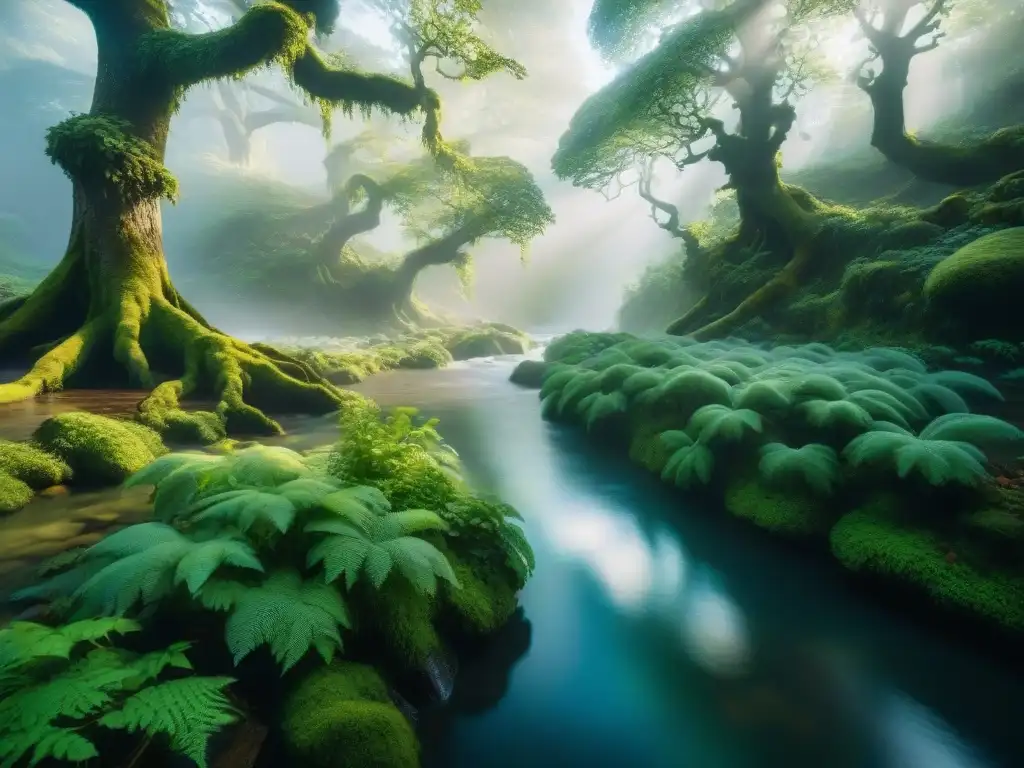 Río mítico: bosque encantado en 8k Un río legendario serpentea entre un bosque encantado, brillando bajo la luz filtrada