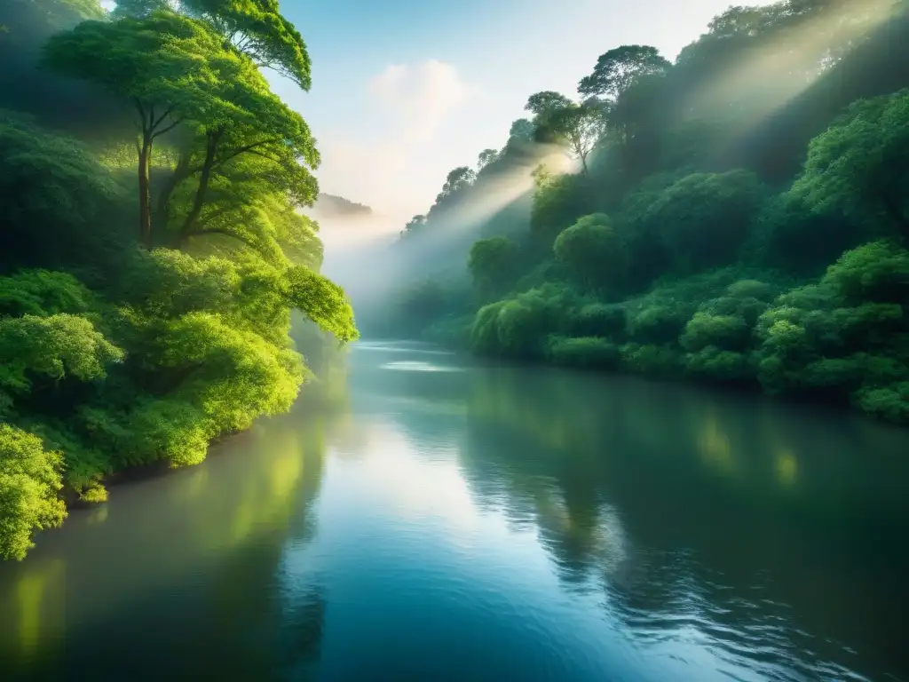 Río legendario: serenidad en la selva Un río legendario serpentea entre un bosque verde exuberante, con la luz del sol filtrándose a través del dosel y creando patrones en el agua