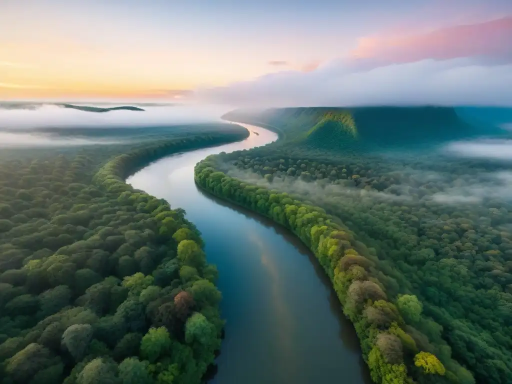 Río legendario: atardecer dorado entre la exuberante naturaleza Un río legendario serpenteando entre bosques verdes, reflejando el cielo al atardecer