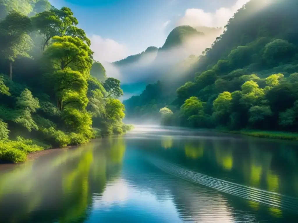 Río sereno en bosque vibrante: luz y sombras Un río legendario serpenteando por un exuberante bosque, con luz filtrándose entre las copas