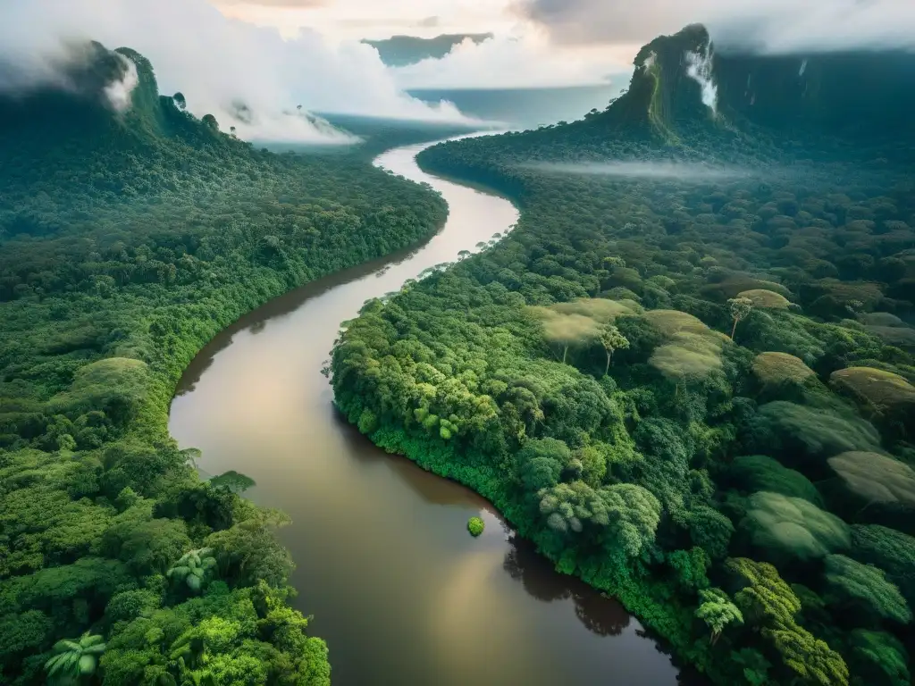 Amazonía mágica: río serpenteante y exuberante selva Un río legendario serpentea por la exuberante selva del Amazonas en esta fotografía histórica