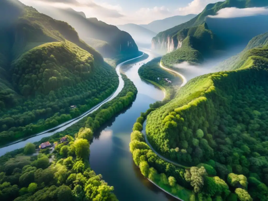 Río majestuoso entre bosques verdes: símbolo de crecimiento y armonía Un río legendario serpentea entre exuberantes bosques verdes, reflejando la luz del sol y creando un juego hipnótico de luces y sombras
