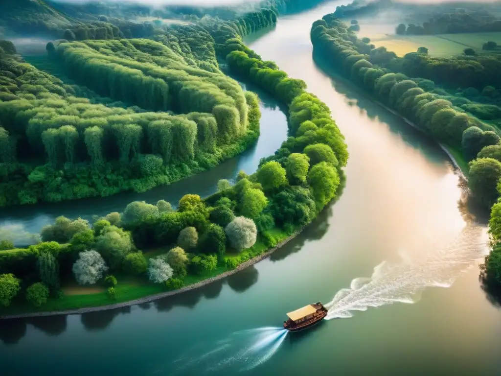 Río majestuoso: inversión en paraíso natural Un río legendario serpenteando entre exuberantes paisajes verdes, con un bote deslizándose en paz
