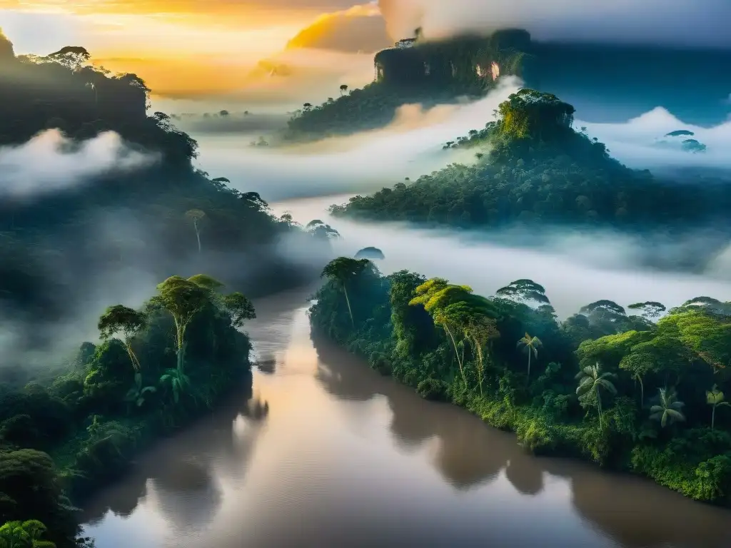 Amazonas al amanecer: majestuosidad y serenidad en la selva Un río legendario de la mitología, serpenteando entre exuberante selva amazónica al amanecer