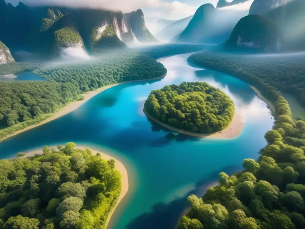 Río legendario: belleza natural en drones Un río legendario serpentea entre montañas y bosques verdes, reflejando la belleza natural