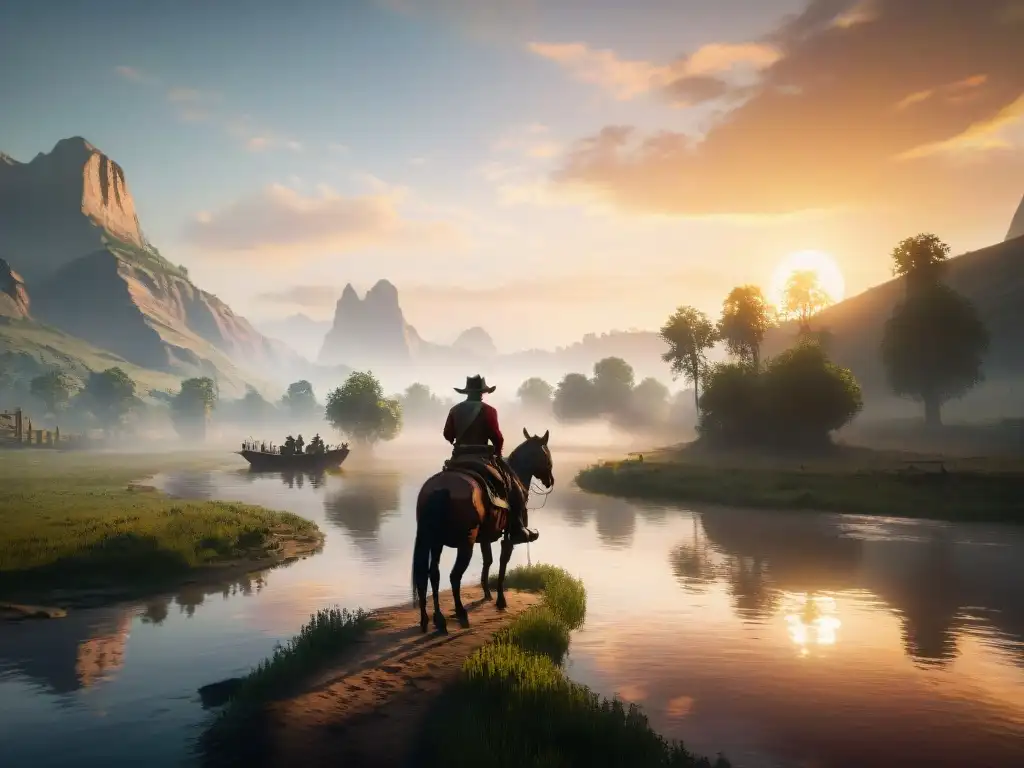Paisaje épico al atardecer: cowboy cruza río en Red Dead Redemption 2 Un río legendario en Red Dead: un vaquero solitario cruza el río al atardecer, bajo una luz dorada