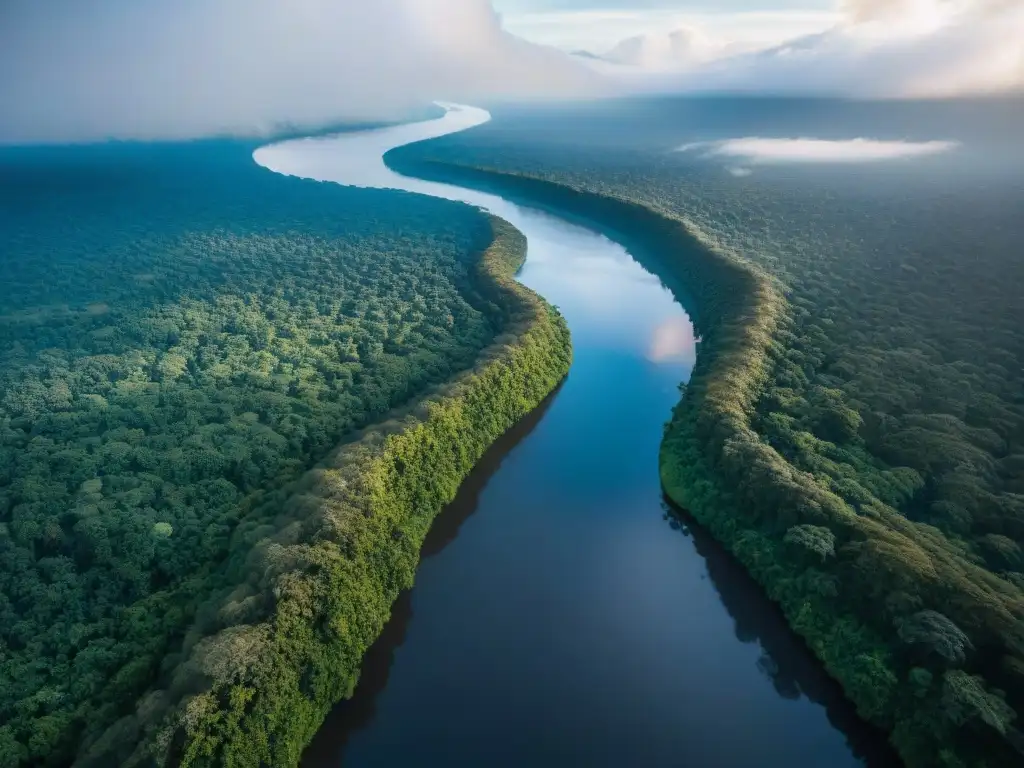 Amazonas: majestuosidad y misterio en un río legendario Río legendario en serpenteante selva verde bajo cielo azul