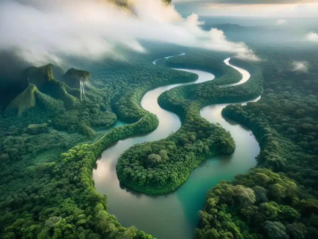 Amazonía: belleza mística del río legendario Un río legendario serpenteando a través de la exuberante selva amazónica en una fotografía histórica
