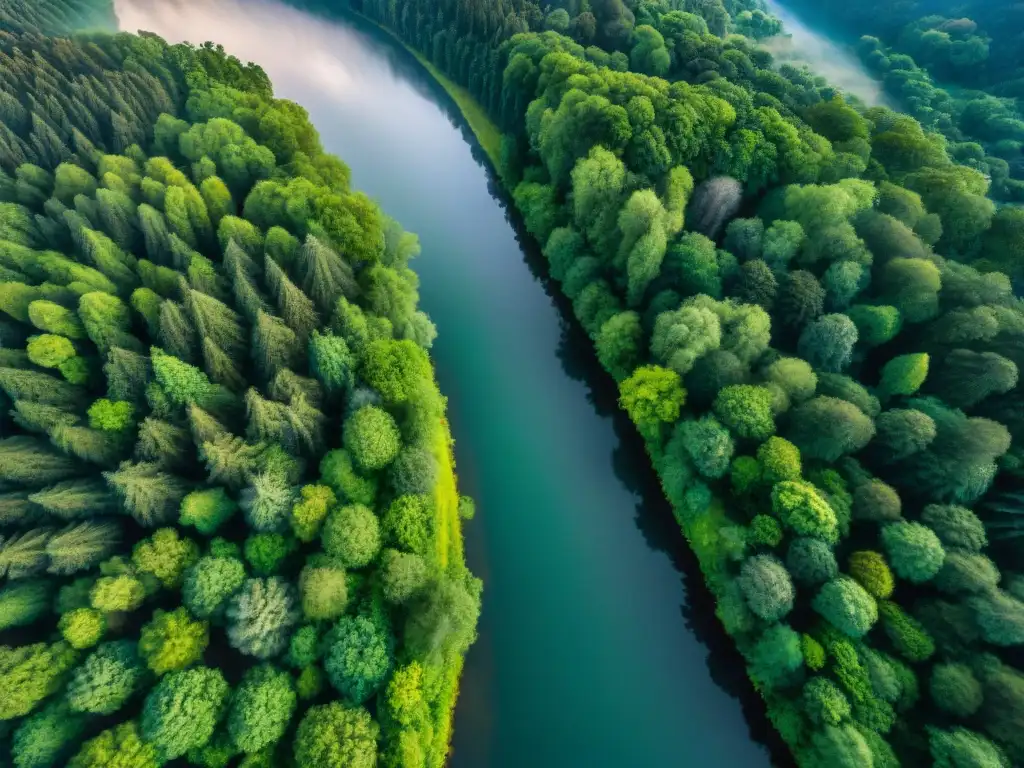 Río majestuoso serpenteando entre bosque verde: vista aérea con drone Río legendario visto desde un dron, revelando un ecosistema único