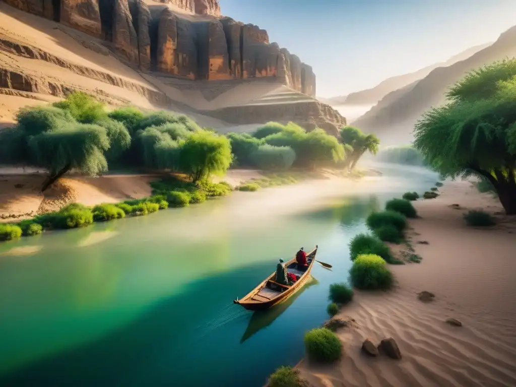 Rio Oxus: belleza eterna en Persia Un río Oxus de leyendas fluye majestuoso en el paisaje persa, con acantilados y vegetación exuberante en sus orillas