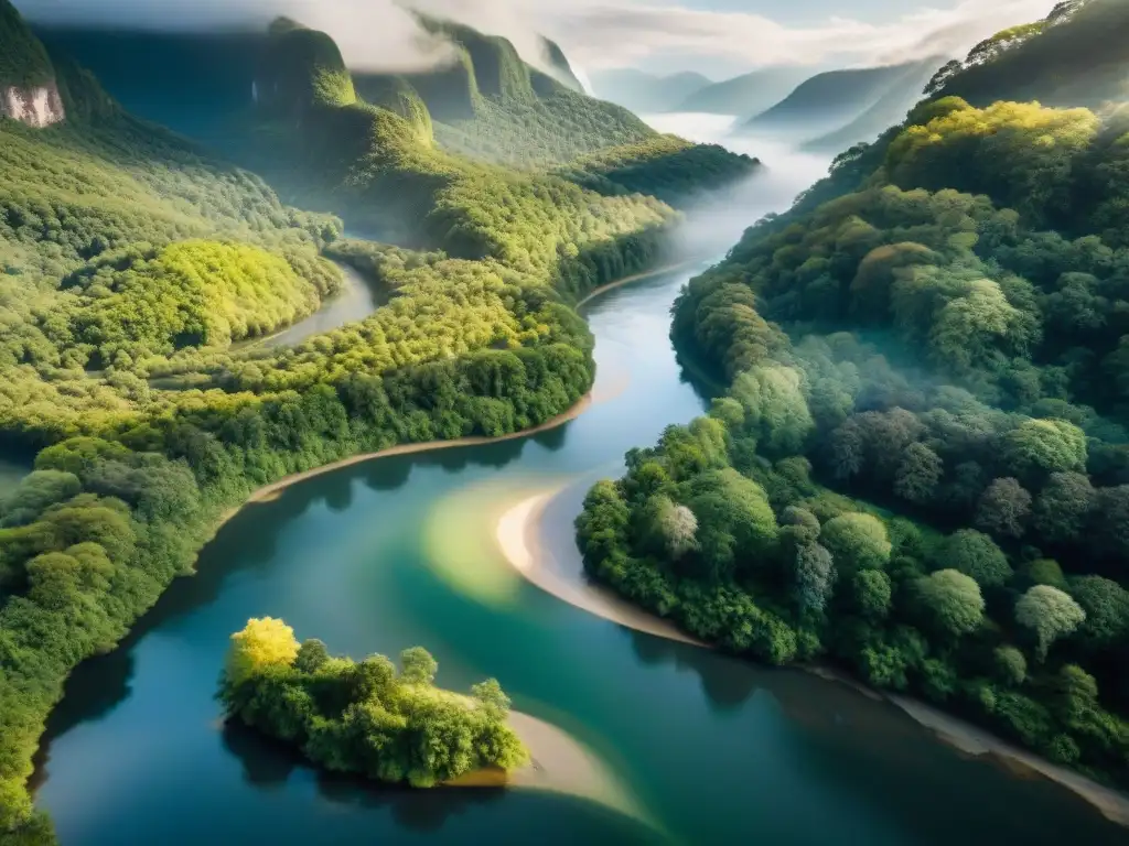 Majestuoso río en bosque verde con luz filtrada y misteriosa niebla Un río majestuoso serpenteando entre un bosque exuberante, bañado por la luz filtrada a través del dosel y creando sombras en el agua