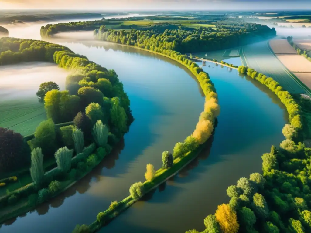 Un río Loira majestuoso serpenteando entre bosques y castillos medievales en la campiña francesa