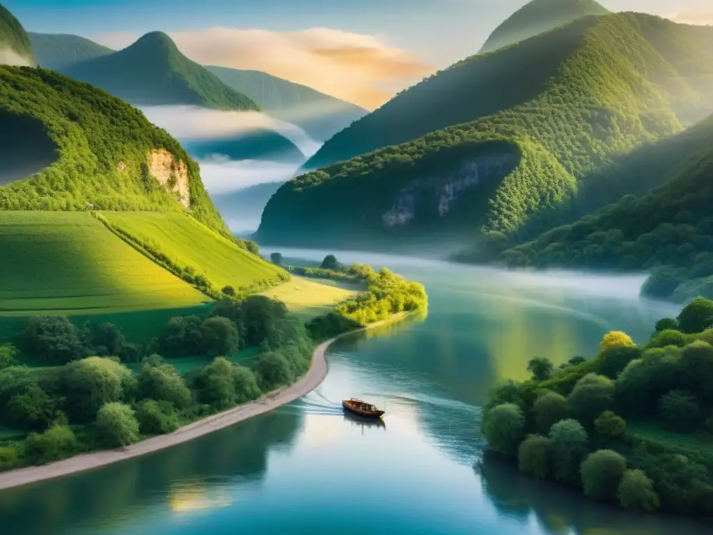 Río majestuoso al atardecer: serenidad y tradición Un río majestuoso entre bosques verdes, atardecer dorado reflejado en el agua
