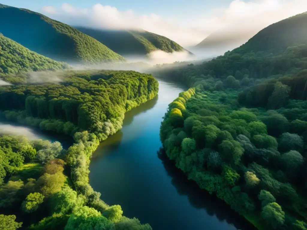 Majestuoso río serpenteante entre bosques verdes Un río majestuoso serpenteando entre bosques verdes, iluminado por rayos de sol filtrados a través del dosel