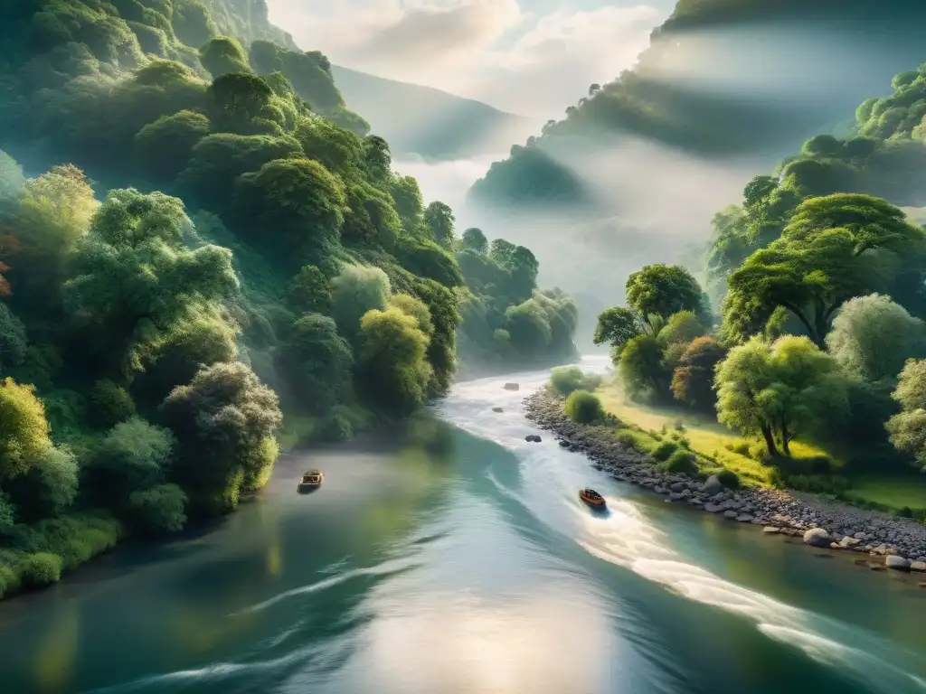 Río majestuoso: naturaleza exuberante en 8k Un río majestuoso serpenteando entre exuberantes bosques, con luz solar filtrándose entre el dosel y creando sombras en el agua