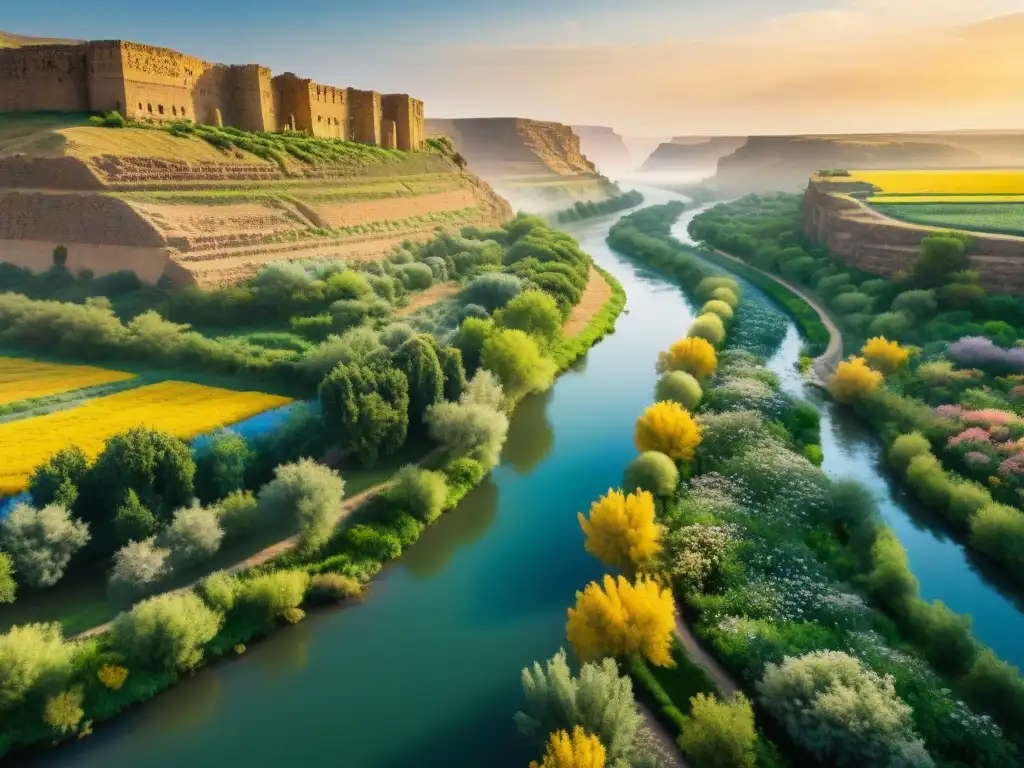 El Río Jordán fluye majestuoso entre ruinas y vegetación, iluminado por el cálido atardecer